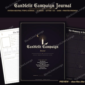 May include: A digital TTRPG journal titled Candlelit Campaign Journal, featuring a dark cover with a candle and bird icon, alongside two interior page previews. The text includes sections for character details, quest logs, and inventory notes.