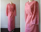 Modest Cocktail Dress Vintage Maxi Dress 1960s Pink Dress Long Lace Dress Vintage 70s Party Dress Lacy Cocktail Party Dress M