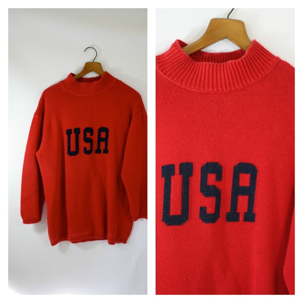 Vintage Red USA Sweater / Unisex America Sweater / Patriotic Sweater / 1980s Red Sweater / Womens Red Blue Sweater  L/XL