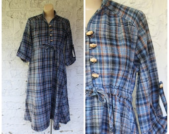 1980s Maternity Dress / Vintage Maternity Dress / Blue Plaid Maternity Dress / Wool Blend Maternity Dress / Modest Maternity Dress S/M