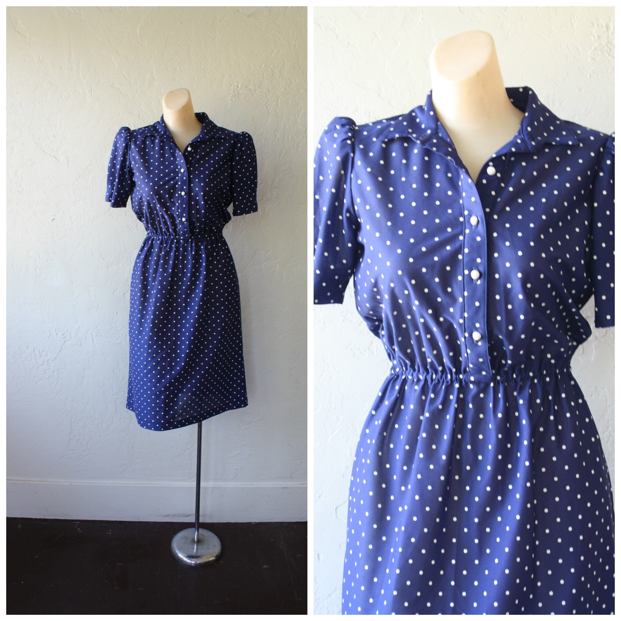 Blue Polka Dot Dress / Vintage 1970s Dress / Sheer Navy Blue | Etsy