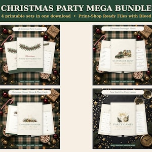 May include: A Christmas Party Mega Bundle digital download featuring four printable sets: Christmas Party Games, Christmas Scavenger Hunts, Christmas Dinner Menu and Place Cards, and New Year's Eve Party Games, all displayed on festive backgrounds.