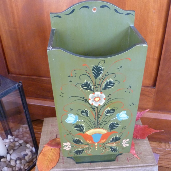 Tole Painted Matchbox Holder - Sage Green with Bright Florals - Kitchen Storage - Spring Folk  Decor