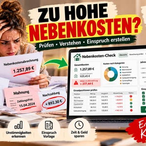Könnte beinhalten: Ein digitales Tool zur Nebenkostenprüfung auf einem Laptop-Bildschirm mit Diagrammen und Tabellen für Excel und Google Sheets. Die Benutzeroberfläche zeigt Text wie Nebenkosten-Check, Gesamtkosten und Einspruch erstellen.