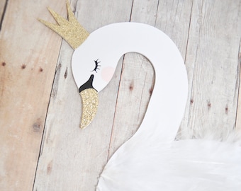 Princess Swan Cake Topper or Centerpiece Decoration w/ white feathers / Swan w/ Gold metallic or Gold glitter crown & beak / Swan Lake decor