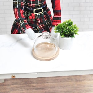 May include: A white table with a marble top and a glass cloche with a wooden base. A small potted plant is on the table.