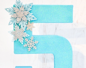Snowflake Birthday 8” Number Decoration w/ glitter / Winter Photo Prop / Winter wonderland table decor / Frozen icey looking glitter decor