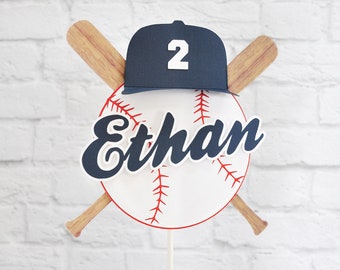 Baseball Cake Topper /Ball Bat theme layered Decoration/Personalized w/color, name & number or letter for hat /Please Read Description below