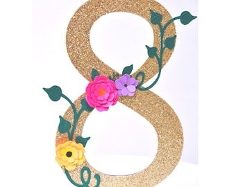 Floral Cake Topper Decoration / Garden, forest , floral Glitter number party theme decor / Birthday cake topper /cake table / Tangle floral