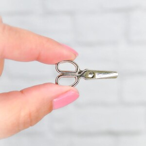 May include: A small, silver-colored pair of scissors held between two fingers.