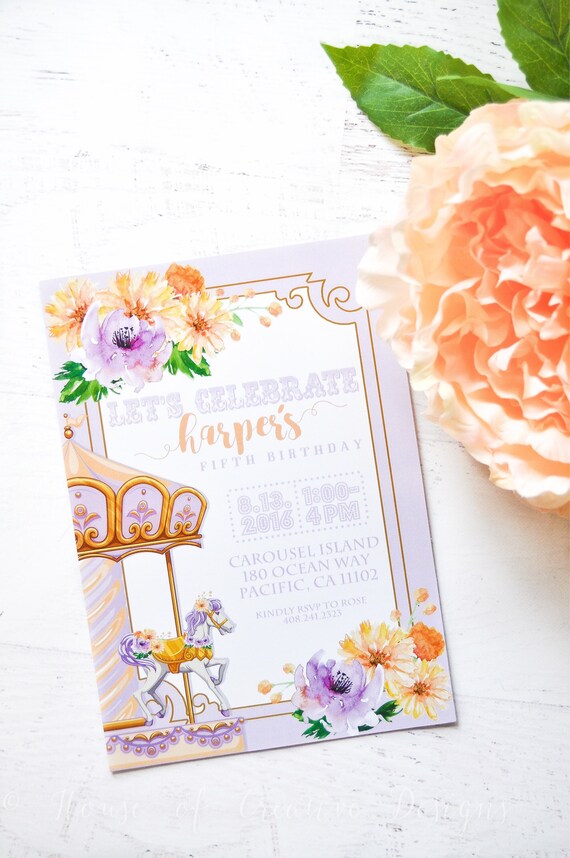 carousel invitations peach and purple floral carousel horse etsy carousel invitations