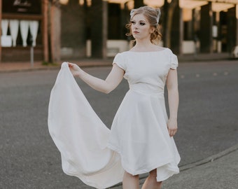 Stella Gown | Hi Low Silk Wedding Dress |Low Back Elopement Dress | Beaded |Short Sleeves | Stella Gown | Simple and Elegant Wedding Dress