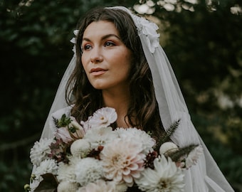 Floral and Beaded Juliet Cap Wedding Veil with Soft English Tulle—multiple colors and lengths available