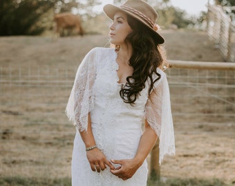 Simone Lace Wedding Dress | Boho 70s Flutter Sleeve Wedding Dress | Chapel length train