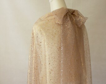 Sparkling Gold Silver Wedding Capelet with Detachable Bow / Soft Gold Foil Tulle Bridal Cape Shawl