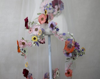 Wedding Veil with Flowers / Wildflower 3d Lace Drop Veil / Colorful Garden Botanicals on Illusion Tulle