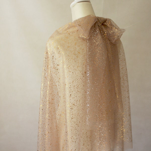 Sparkling Gold Silver Wedding Capelet with Detachable Bow / Soft Gold Foil Tulle Bridal Cape Shawl