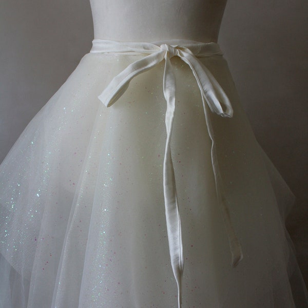 Glitter Tulle Wedding skirt, Layered Sparkling tulle skirt with wrap Silk Satin Bow