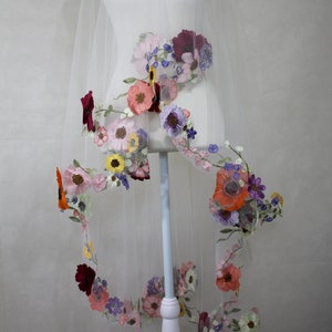 Wedding Veil with Flowers / Wildflower 3d Lace Drop Veil / Colorful Garden Botanicals on Illusion Tulle image 1