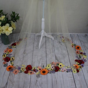 Wedding Veil with Flowers / Wildflower 3 D Lace Appliqués / Colorful Botanicals on Illusion Tulle image 2