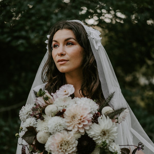 Floral and Beaded Juliet Cap Wedding Veil with Soft English Tulle—multiple colors and lengths available