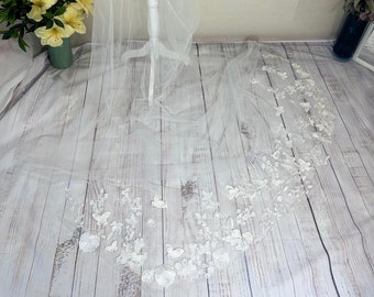 Wedding Cape Veil with 3d Lace / Bridal Cape with Butterflies and Flowers / Italian Tulle Boho 3d Flower Shoulder Veil