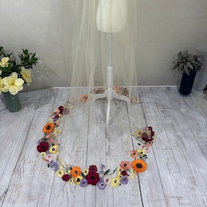 Wedding Veil with Flowers / Wildflower 3 D Lace Appliqués / Colorful Botanicals on Illusion Tulle image 1