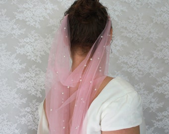 Pink Pearl Draped Boho  Wedding Veil / Soft English tulle Veil with pearls / Our Grecian Veil in Pink