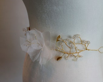 Lily Silk Flower and Metal Leaf Beaded Bridal Belt / Jeweled Wedding Sash