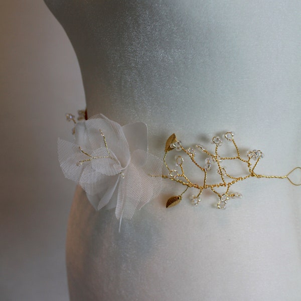 Lily Silk Flower and Metal Leaf Beaded Bridal Belt / Jeweled Wedding Sash