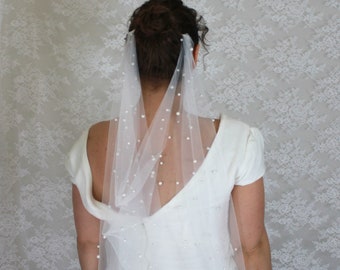 Pearl Draped Boho  Wedding Veil / Soft English tulle Veil with pearls / Fingertip Length, Shoulder, Cathedral, Chapel