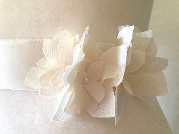 Layered Faux Pearl Flower Ribbon Belt Layered Flower & Crystal Bridal Belt - Ivory or White main image 4