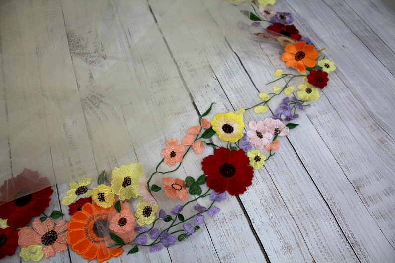 Wedding Veil with Flowers / Wildflower 3 D Lace Appliqués / Colorful Botanicals on Illusion Tulle image 5