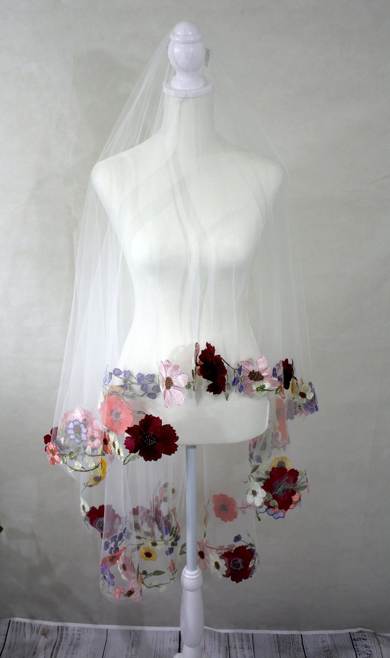 Wedding Veil with Flowers / Wildflower 3d Lace Drop Veil / Colorful Garden Botanicals on Illusion Tulle image 2