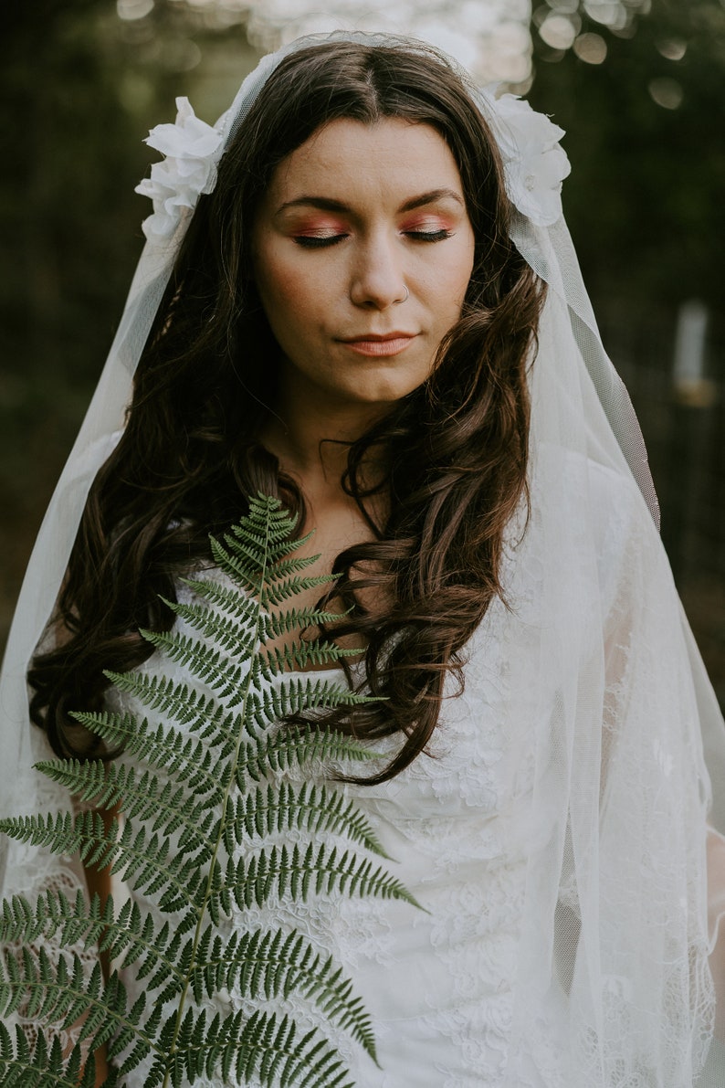 Floral and Beaded Juliet Cap Wedding Veil with Soft English Tullemultiple colors and lengths available image 3