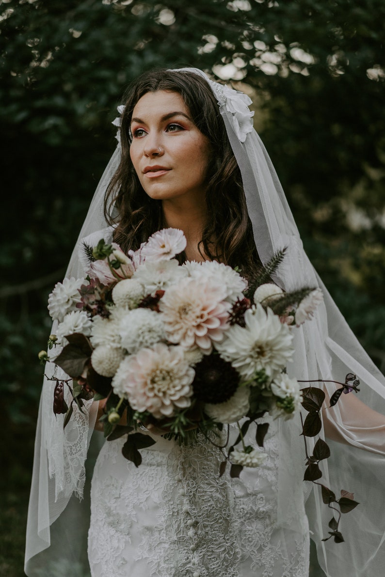 Floral and Beaded Juliet Cap Wedding Veil with Soft English Tullemultiple colors and lengths available image 1