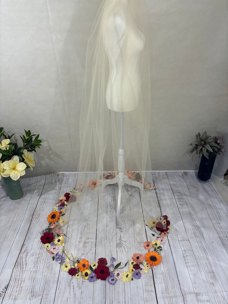 Wedding Veil with Flowers / Wildflower 3 D Lace Appliqués / Colorful Botanicals on Illusion Tulle image 1