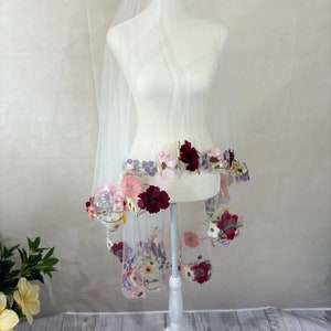 Wedding Veil with Flowers / Wildflower 3d Lace Drop Veil / Colorful Garden Botanicals on Illusion Tulle image 4