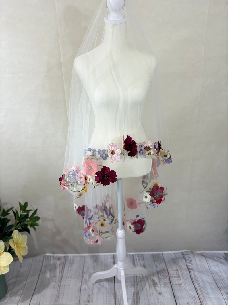 Wedding Veil with Flowers / Wildflower 3d Lace Drop Veil / Colorful Garden Botanicals on Illusion Tulle image 4