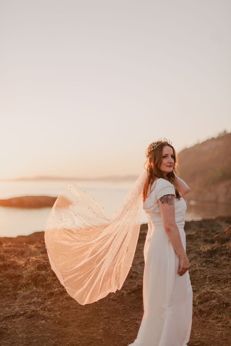 Pearl Wedding Veil / Soft English tulle Veil with scattered pearls / Melanie Veil / Fingertip Length, Shoulder, Cathedral, Chapel image 2