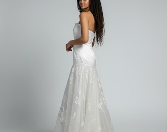 Vestido Kaia / Vestido de novia bohemio de seda / Tul con encaje y lentejuelas / Vestido de talle bajo