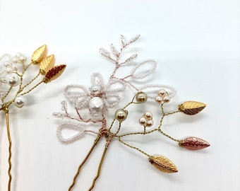 Pearl and Beaded Bee and Flower Hair Pins / Jeweled Wedding Hair Pins / Mother of Pearl, Crystals and Leaves