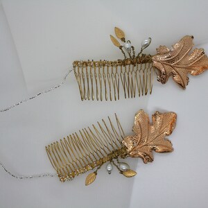 Bruidshaar Vine / Bruiloft Haarketting / Bladgoud / Parel kralen kammen afbeelding 9