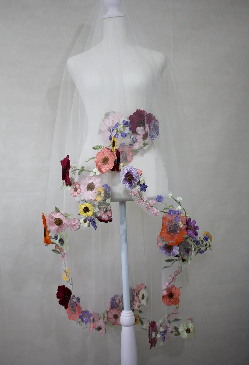 Wedding Veil with Flowers / Wildflower 3d Lace Drop Veil / Colorful Garden Botanicals on Illusion Tulle image 1