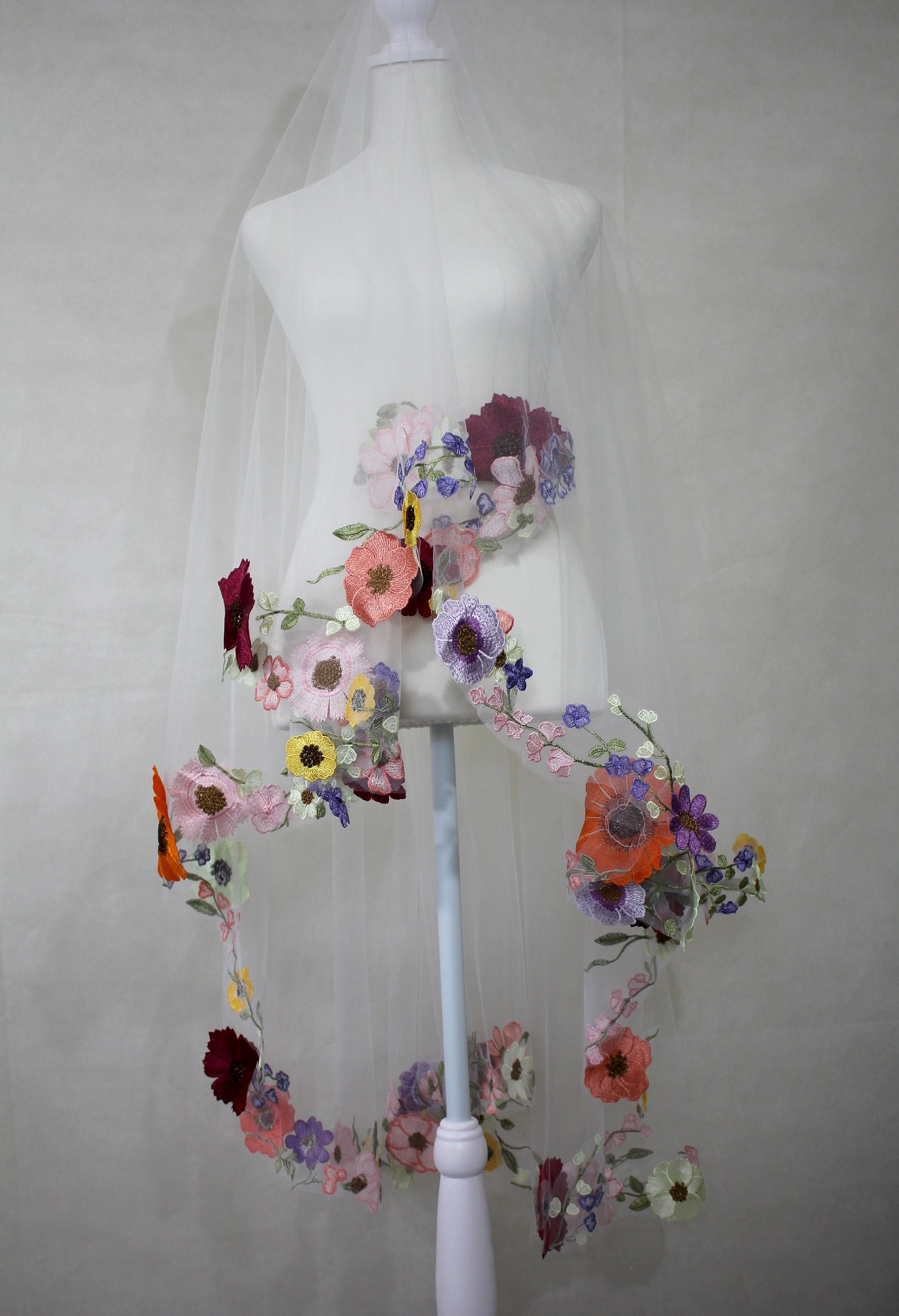Wedding Veil with Flowers Wildflower 3d Lace Drop Veil Colorful Garden…