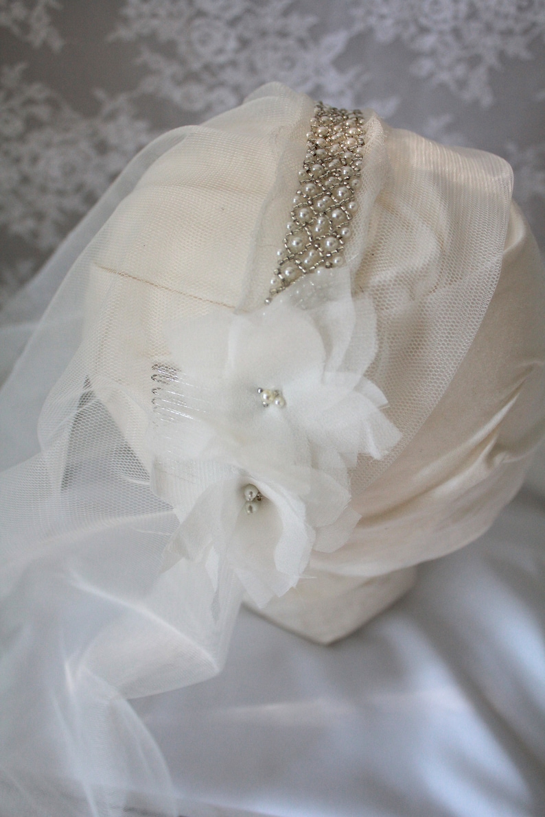 Floral and Beaded Juliet Cap Wedding Veil with Soft English Tullemultiple colors and lengths available image 7