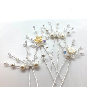 Beach Wedding Hair Pin Set / Jeweled Wedding Hair Pins / Mother of Pearl Starfish and Seashell Crystals and Pearls