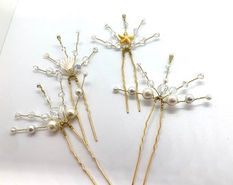 Beach Wedding Hair Pin Set / Jeweled Wedding Hair Pins / Mother of Pearl Starfish and Seashell Crystals and Pearls