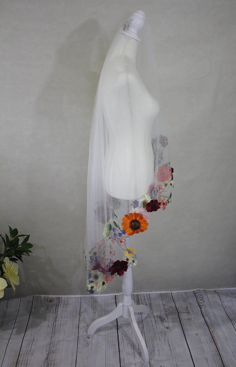 Wedding Veil with Flowers / Wildflower 3d Lace Drop Veil / Colorful Garden Botanicals on Illusion Tulle image 5