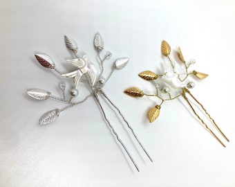 Pearl Sparrow Hair Pins / Jeweled Wedding Hair Pins / Mother of Pearl, Crystals and Leaves